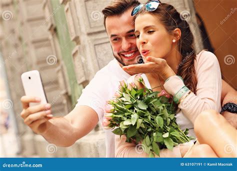 Young Romantic Couple Taking Selfie In The City Stock Image Image Of