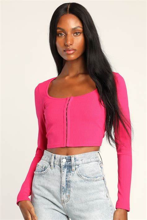 Ribbed Knit Crop Top Hot Pink Crop Top Hook And Eye Crop Top Lulus