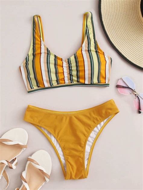 Striped Ruched Bikini Swimsuit