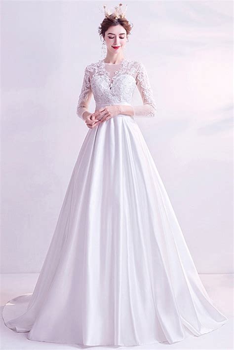 Modest Aline Satin Lace Sleeved Wedding Dress With Sleeves