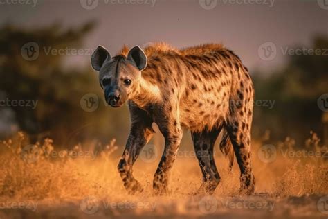 Hyena On The Background Of The African Savannah Hot Day Animals Of