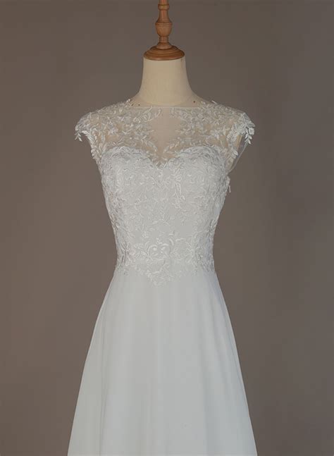 A Line High Neck Sleeveless Chiffon Sweep Train Wedding Dress With Lace