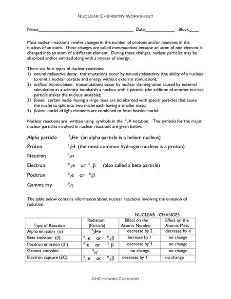 Nuclear Chemistry Worksheet With Answers Printable And Enjoyable Learning