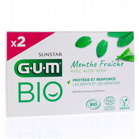 GUM Dentifrice Menthe fraîche aloe vera bio lot de 2 tubes 75ml