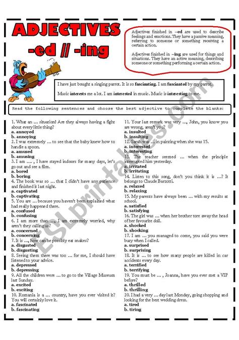 Adjectives Finished In Ed Ing Esl Worksheet By Domnitza