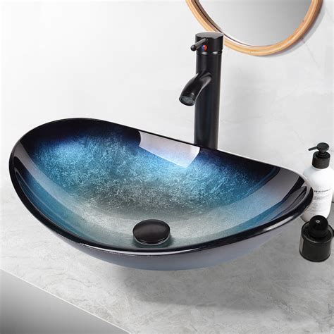 Elecwish Artistic Glass Vessel Sink Boat Shape Bathroom Vanity Blue