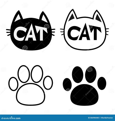 Black Cat Head Face Contour Silhouette Icon Set Line Pictogram Empty