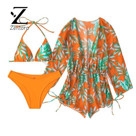 Zentora Women Swimwear Set Leaf Print Comfortable Bikini Cover Up Set Daraz Lk