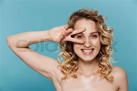 Beauty Image Of Pretty Half Naked Woman With Curly Hair Laughing And