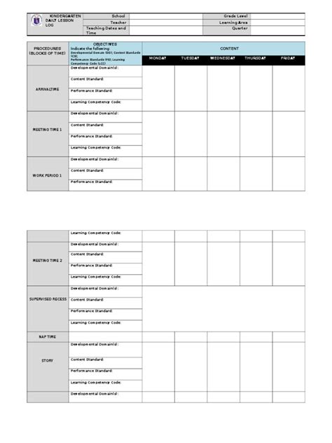 Kindergarten Daily Lesson Log