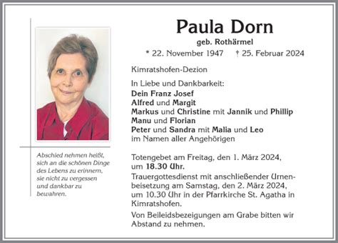 Traueranzeigen Von Paula Dorn Augsburger Allgemeine Zeitung