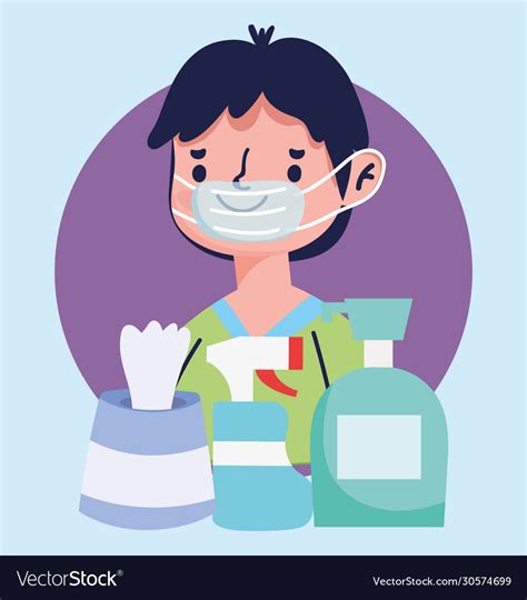 Boy With Medical Mask And Hand Sanitizer Gel Vector Image