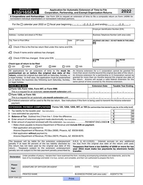 Arizona Form 120 165ext Ador10340 2022 Fill Out Sign Online And Download Fillable Pdf