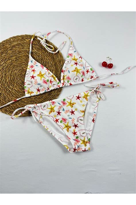 FUNELLA Deniz Yıldızı Desenli Üçgen Likralı Boyundan Bağlamalı Şık Bikini Takımı Fiyatı Yorumları