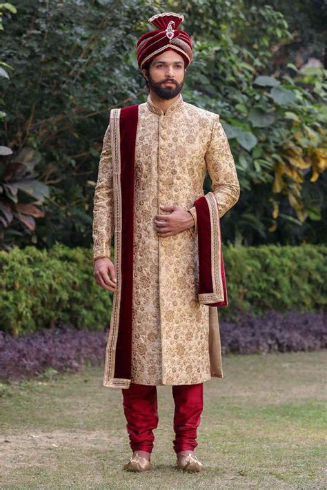 Royal Fawn Sherwani With Red Churidar Sherwani For Men Wedding