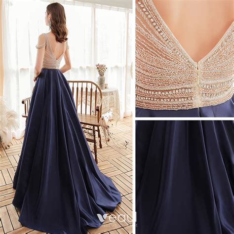 High End Navy Blue Satin Evening Dresses 2020 A Line Princess See