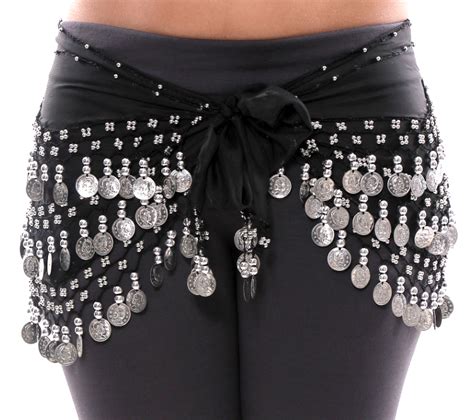 Black Hip Scarf With Silver Coins At Bellydance