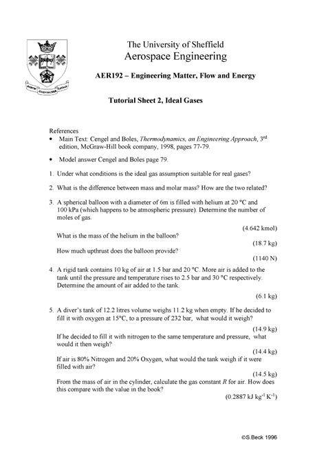 2 Gas laws tutorial - S 1996 The University of Sheffield Aerospace