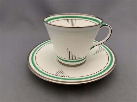 Aynsley Art Deco Tea Cup And Saucer Green And Silver Design