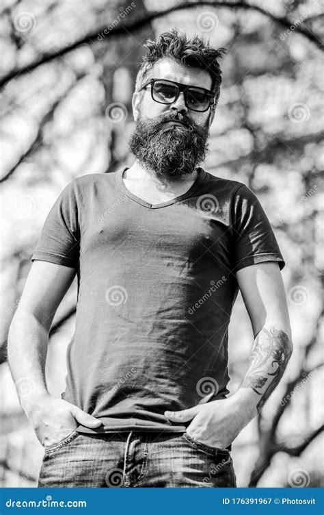 Man Bearded With Sunglasses Nature Background Bearded Man Wear Modern Fashionable Sunglasses