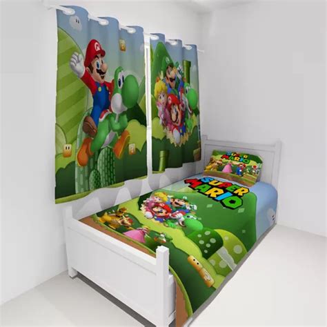 Cobre Leito Solteiro Cortina Infantil Super Mario Bros Frete Gr Tis