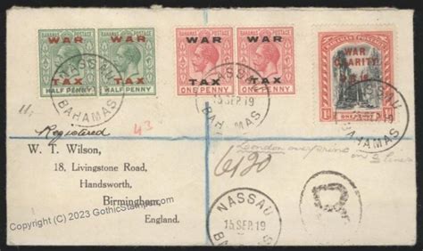 British Bahamas War Tax Wwi Cover Registered Birmingham England