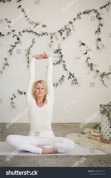 Blonde Woman White Leotard Leggings Sitting Stock Photo Shutterstock