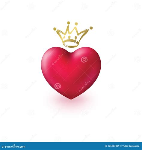 Love Realistic Heart With Golden Crown Isolated On White Background