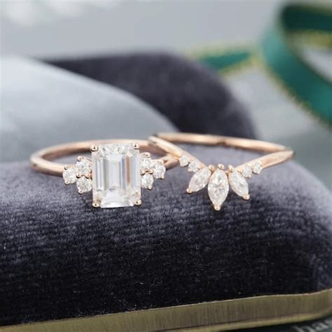 Emerald Cut Moissanite Engagement Ring Set Rose Gold Etsy