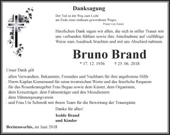 Traueranzeigen Von Bruno Brand Trauer In Thueringen De