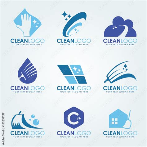 Blue Clean Logo With Cleaning Gloves Water Droplets Scrub Brush And Broom Vector Set Design