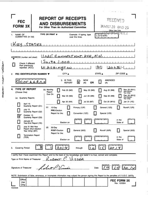 Fillable Online Report Of Receipts And Disbursements Fec Fax