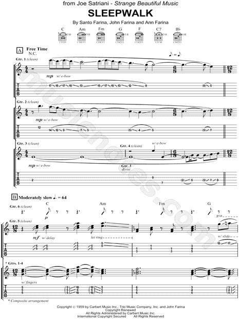 Joe Satriani Sleepwalk Guitar Tab In C Major Download And Print Sku