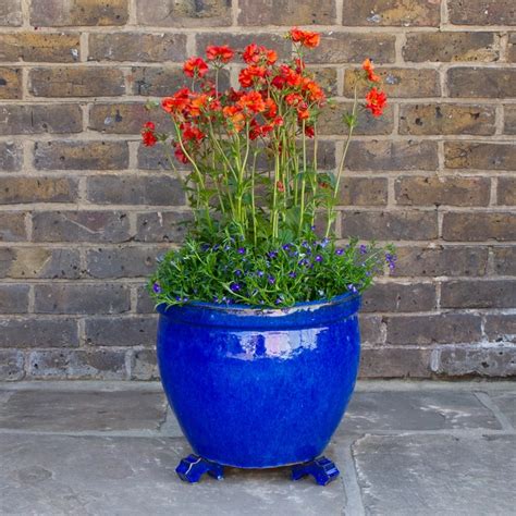 Glazed Blue Pot Feet Set Of Handmade Terracotta The Boma Garden