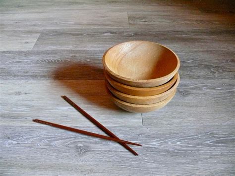 4 Rustic Hand Turned Solid Wood Bowls Small Round Japanese Etsy