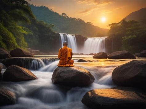 Premium AI Image | Buddhist monk meditates on the waterfall at sunset