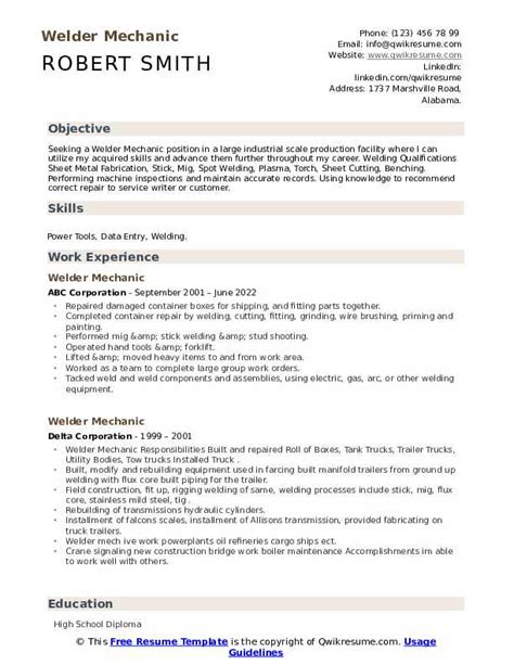 Welder Mechanic Resume Samples Qwikresume