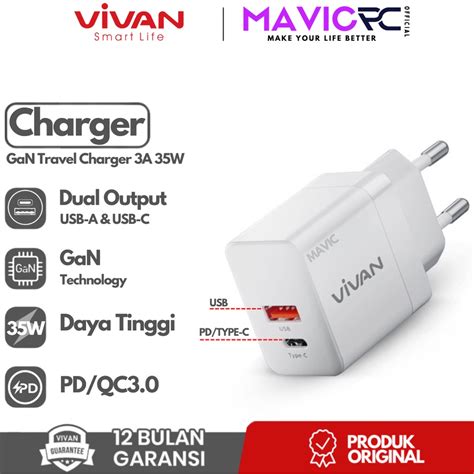 Jual VIVAN Power 35 GaN Adaptor Kepala Charger PD QC 4A 35W USB C USB A