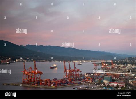 Port of Vancouver at dusk, with shipping terminals, Vancouver, British ...