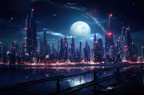 Premium Photo Futuristic City At Night With Full Moon D Rendering