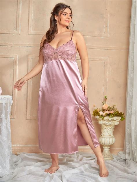 Shein Plus Solid Contrast Lace Satin Night Cami Dress Dress Cami Dress Night Gown