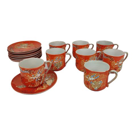 Lot De Tasses Et Soucoupes En Porcelaine Fine Japonaise Orange Avec