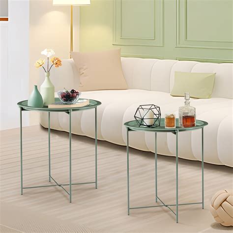 VECELO Set Of 2 Folding Metal Tray Side Table Indoor Round Sofa End