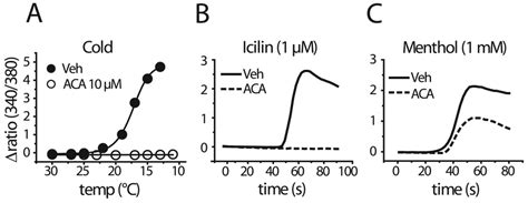 The Pla 2 Inhibitor Aca Inhibits Trpm8 Ac Cold A Icilin B And