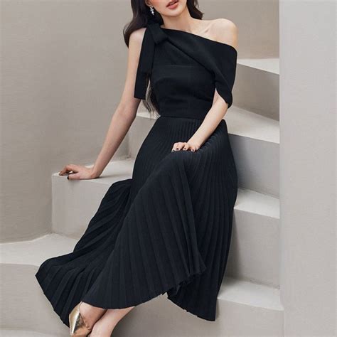 Solid Elegant Dresses For Women Diagonal Collar Off Shoulder High Waist