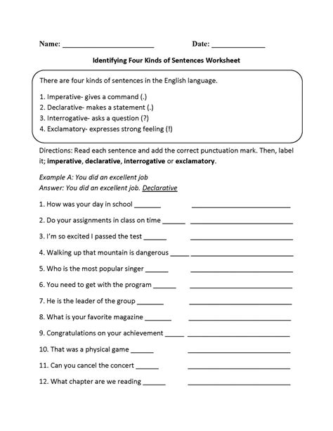 Types Of Sentences Worksheet Pdf