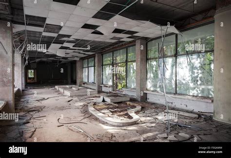 Abandoned Building Interior Corridor Perspective With Broken Stock