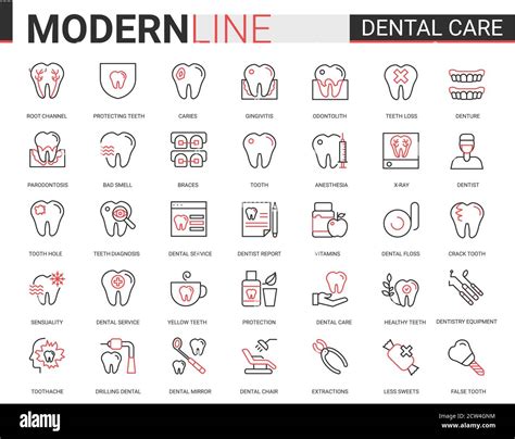 Dental Care Medicine Flat Thin Red Black Line Icons Vector Illustration