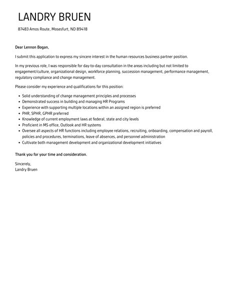 Human Resources Business Partner Cover Letter Velvet Jobs