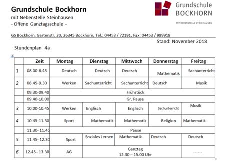 Stundenplan Klasse A Grundschule Bockhorn